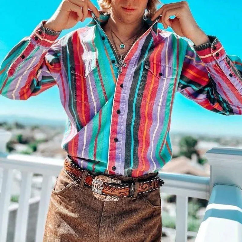 Gestreiftes Hemd | Langarm | Vintage | Hemd mit Knöpfen | Herrenhemden-Rot-S-Chaps Herrenmode