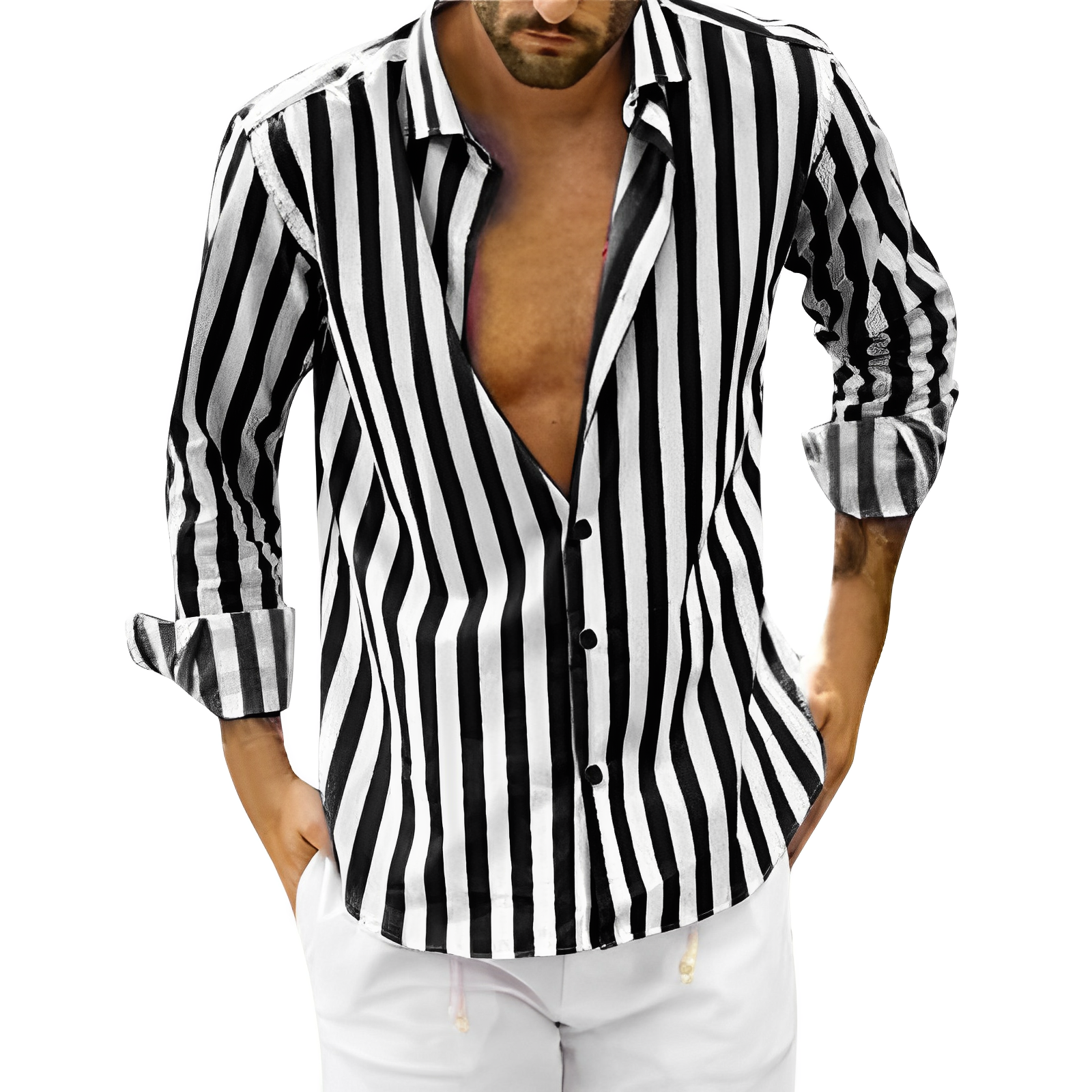 Gestreiftes Hemd – lässiges, langärmliges Herrenhemd mit Knopfleiste-Schwarz-S-Chaps Herrenmode