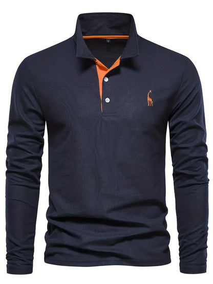Giraffe Polohemd | Langarmhemd mit Revers für Männer-Marineblau-S-Chaps Herrenmode