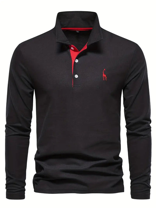 Giraffe Polohemd | Langarmhemd mit Revers für Männer-Schwarz-S-Chaps Herrenmode