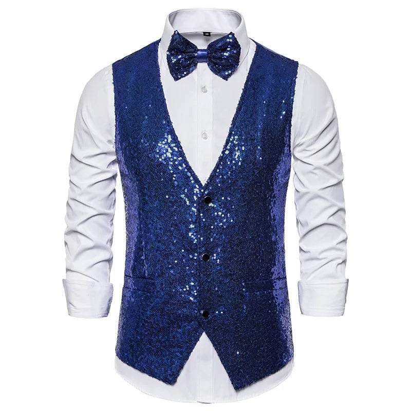 Glitzerweste – ärmellose, einreihige Partyweste und Fliege für Herren mit Glitzersteinen-Blau-S-Chaps Herrenmode