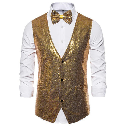 Glitzerweste – ärmellose, einreihige Partyweste und Fliege für Herren mit Glitzersteinen-Gold-S-Chaps Herrenmode