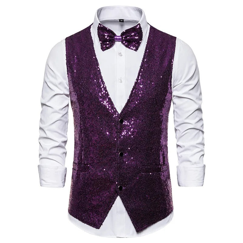 Glitzerweste – ärmellose, einreihige Partyweste und Fliege für Herren mit Glitzersteinen-Lila-S-Chaps Herrenmode