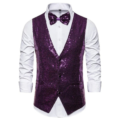 Glitzerweste – ärmellose, einreihige Partyweste und Fliege für Herren mit Glitzersteinen-Lila-S-Chaps Herrenmode