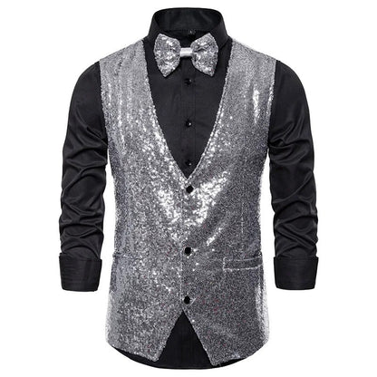 Glitzerweste – ärmellose, einreihige Partyweste und Fliege für Herren mit Glitzersteinen-Pailletten-S-Chaps Herrenmode