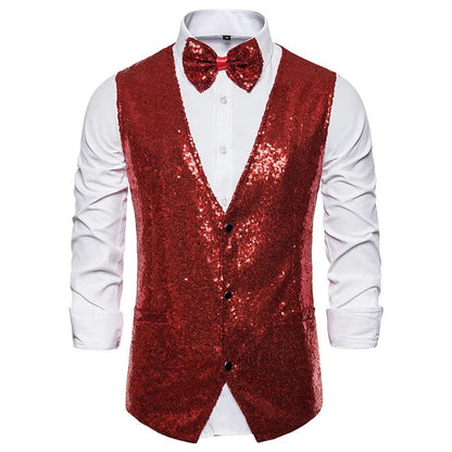 Glitzerweste – ärmellose, einreihige Partyweste und Fliege für Herren mit Glitzersteinen-Rot-S-Chaps Herrenmode