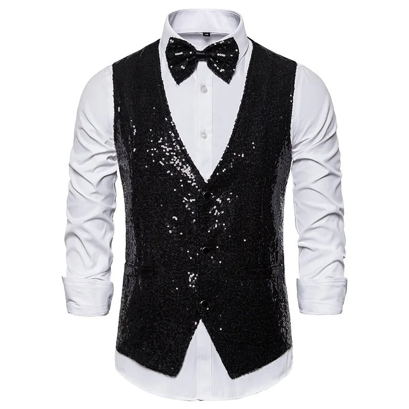 Glitzerweste – ärmellose, einreihige Partyweste und Fliege für Herren mit Glitzersteinen-Schwarz-S-Chaps Herrenmode
