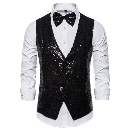 Glitzerweste – ärmellose, einreihige Partyweste und Fliege für Herren mit Glitzersteinen-Schwarz-S-Chaps Herrenmode