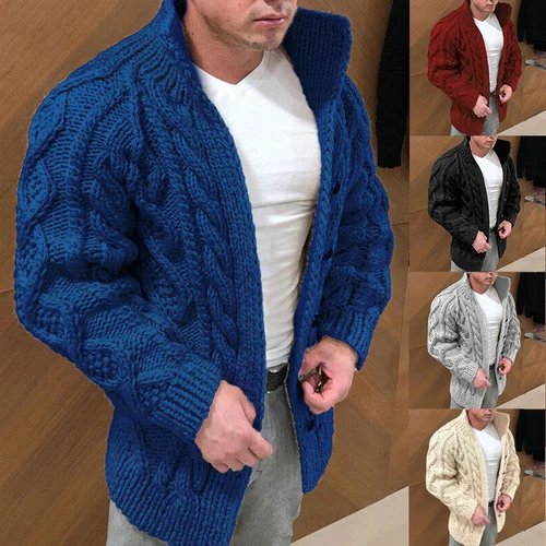 Grobe Strickjacke | Warm | Zopfmuster | Strickjacke | Herren-Strickjacke-Dunkelblau-M-Chaps Herrenmode