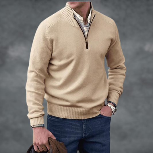 Halber Reißverschluss Pullover - Herren Stehkragen Strickpullover-Beige-S-Chaps Herrenmode