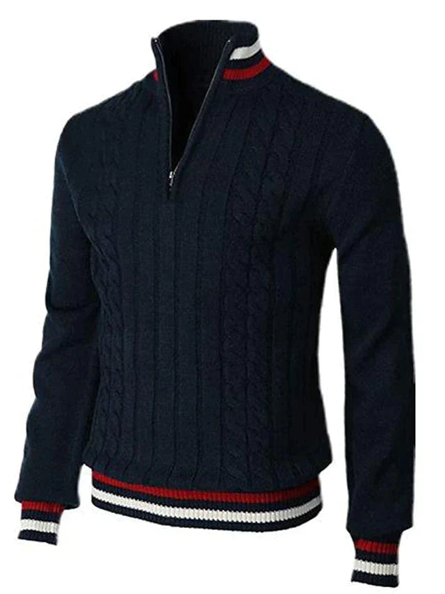 Half-Zip Sweater - Herren Stehkragen Zopfstrickpullover-Dunkelblau-XS-Chaps Herrenmode