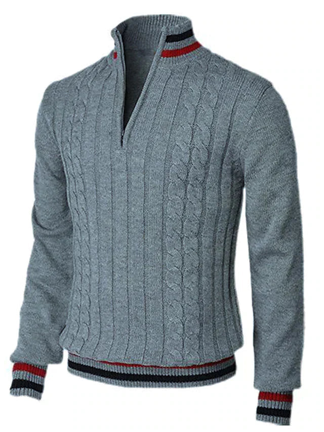 Half-Zip Sweater - Herren Stehkragen Zopfstrickpullover-Grau-XS-Chaps Herrenmode