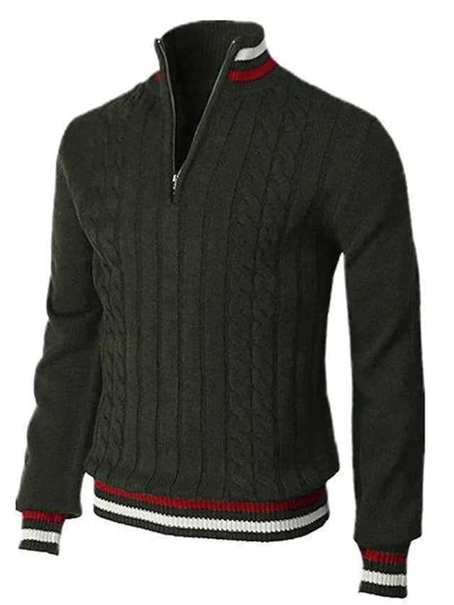 Half-Zip Sweater - Herren Stehkragen Zopfstrickpullover-Grün-XS-Chaps Herrenmode