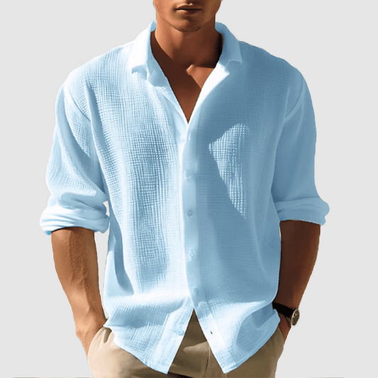 Hemd mit Knöpfen - Leichtes Sommerhemd für Männer mit Revers und langen Ärmeln-Blau-S-Chaps Herrenmode