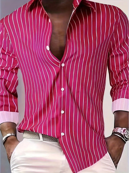 Hemd mit Knopfleiste - Gestreiftes Langarmhemd für Männer mit schmaler Passform-Rosenrot-XS-Chaps Herrenmode