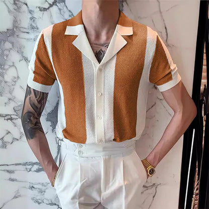 Hemd mit Knopfleiste – Kurzarm – Gestreift – Polohemd – Herrenhemden-Gelb-S-Chaps Herrenmode