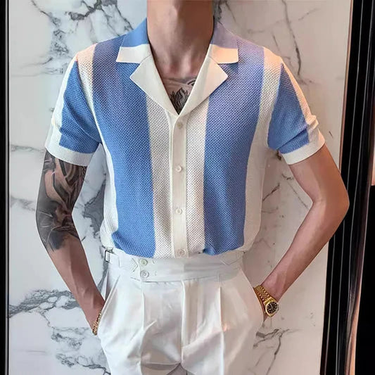 Hemd mit Knopfleiste – Kurzarm – Gestreift – Polohemd – Herrenhemden-Hellblau-S-Chaps Herrenmode