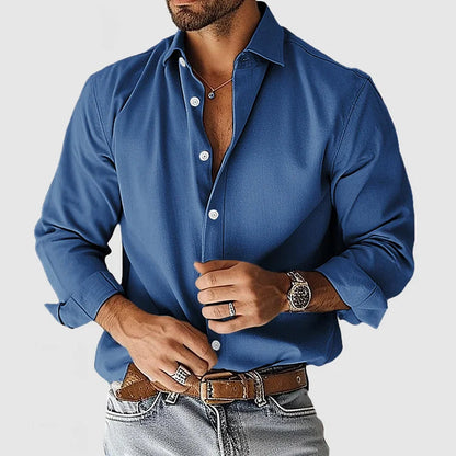 Hemd mit Knopfleiste - Langarm - Leinen - Hemd - Herrenhemden-Blau-S-Chaps Herrenmode