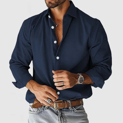 Hemd mit Knopfleiste - Langarm - Leinen - Hemd - Herrenhemden-Dunkelblau-S-Chaps Herrenmode