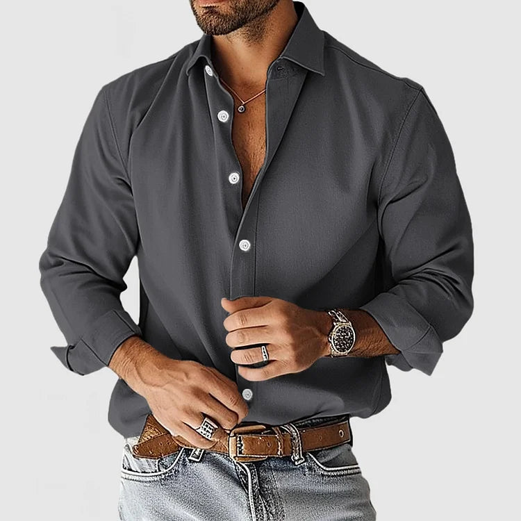 Hemd mit Knopfleiste - Langarm - Leinen - Hemd - Herrenhemden-Dunkelgrau-S-Chaps Herrenmode