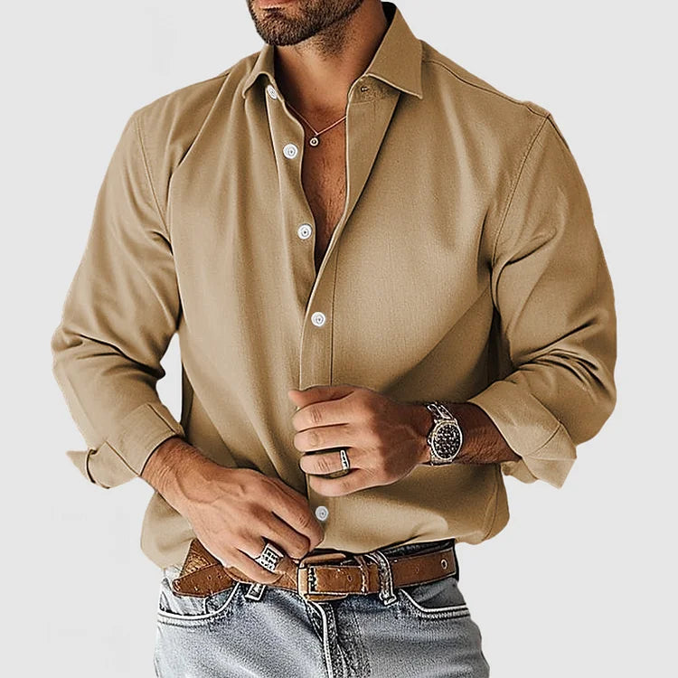 Hemd mit Knopfleiste - Langarm - Leinen - Hemd - Herrenhemden-Khaki-S-Chaps Herrenmode