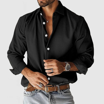 Hemd mit Knopfleiste - Langarm - Leinen - Hemd - Herrenhemden-Schwarz-S-Chaps Herrenmode