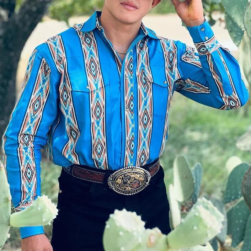 Hemd mit Knopfleiste | Western | Regular Fit | Langarmhemden | Herrenhemden-Blau-S-Chaps Herrenmode