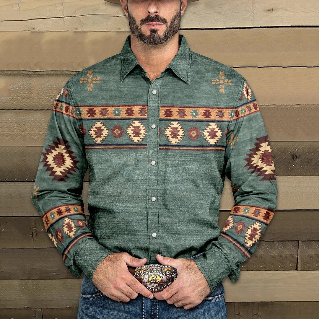 Hemd mit Knopfleiste | Western | Regular Fit | Langarmhemden | Herrenhemden-Grün-S-Chaps Herrenmode