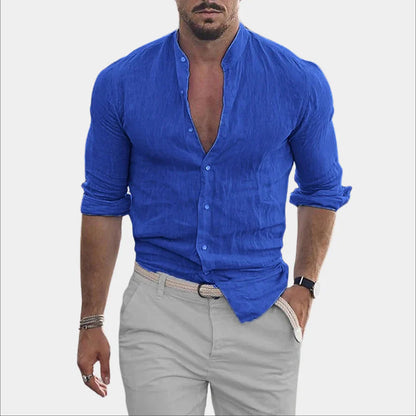 Hemd mit Knopfleiste – langärmlig – aus Baumwolle – Leinenhemd – Herrenhemden-Blau-M-Chaps Herrenmode