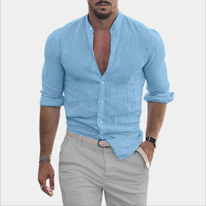 Hemd mit Knopfleiste – langärmlig – aus Baumwolle – Leinenhemd – Herrenhemden-Hellblau-M-Chaps Herrenmode