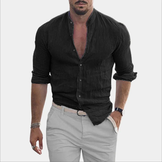 Hemd mit Knopfleiste – langärmlig – aus Baumwolle – Leinenhemd – Herrenhemden-Schwarz-M-Chaps Herrenmode