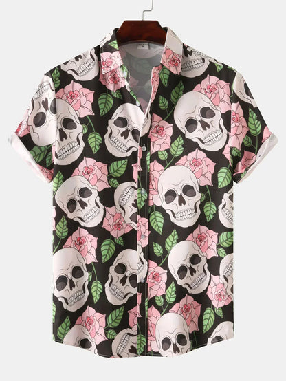 Hemd mit kurzen Ärmeln - Totenkopfdruck - mit Kragen - Hemd mit Knopfleiste - Herrenbekleidung-Rosa-M-Chaps Herrenmode