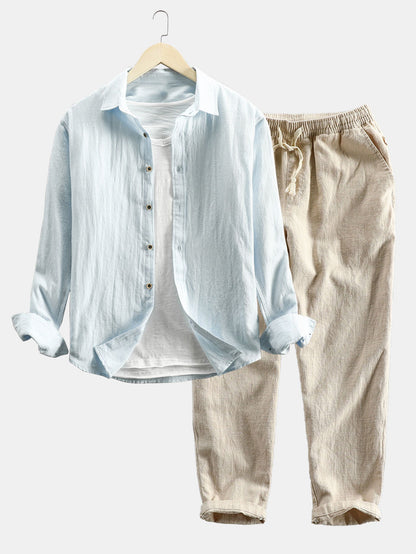 Hemd und Hose im Set | Knopfleiste | Lange Ärmel | Leinen Zweiteiler | Herren-Kombi-Hellblau-S-Chaps Herrenmode