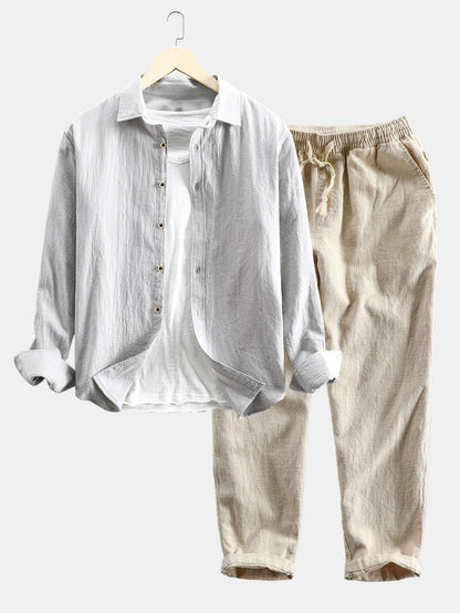Hemd und Hose im Set | Knopfleiste | Lange Ärmel | Leinen Zweiteiler | Herren-Kombi-Silber-S-Chaps Herrenmode