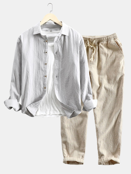 Hemd und Hose im Set | Knopfleiste | Lange Ärmel | Leinen Zweiteiler | Herren-Kombi-Silber-S-Chaps Herrenmode