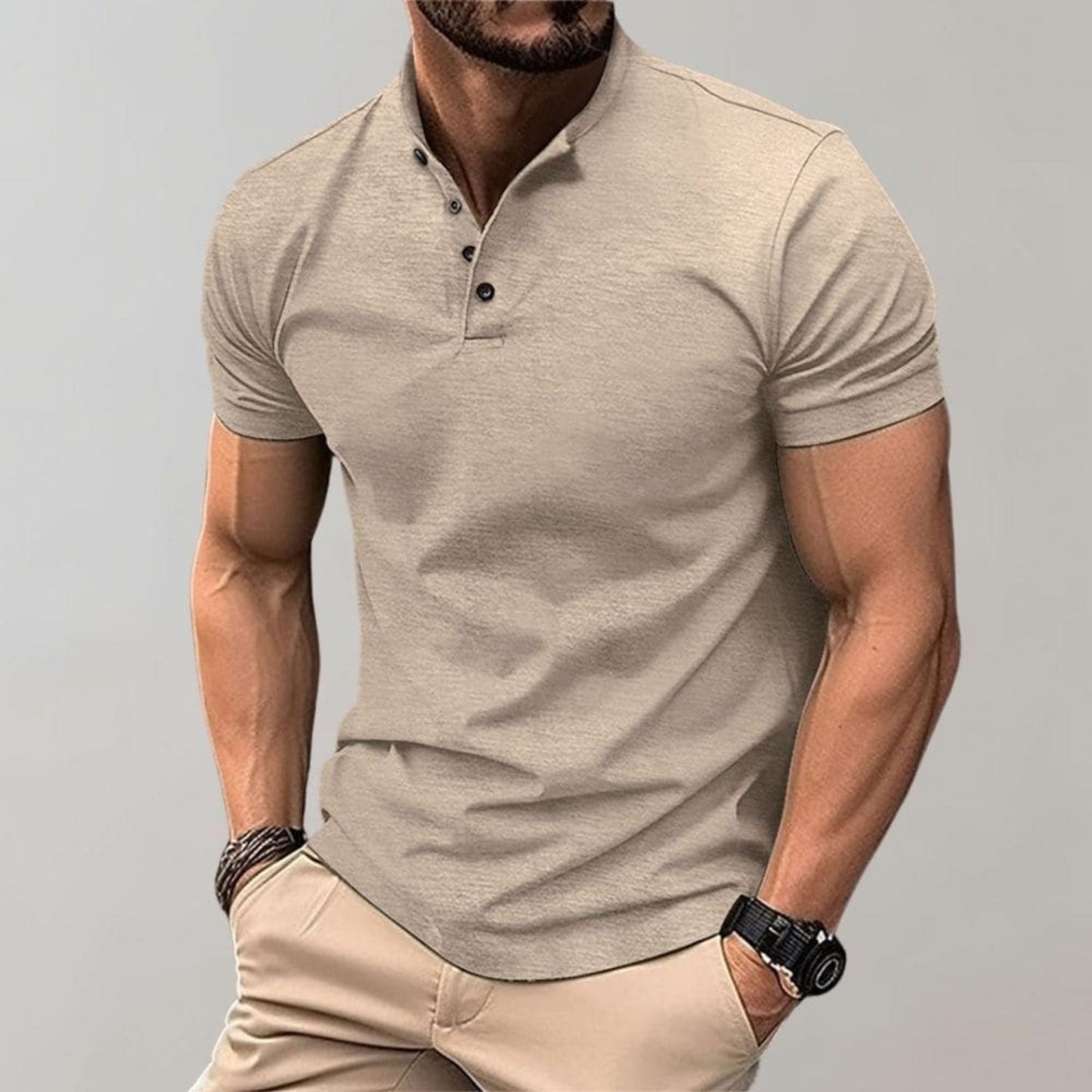 Henley Shirt - Herren Kurzarm-Poloshirt mit Knopfverschluss-Khaki-S-Chaps Herrenmode