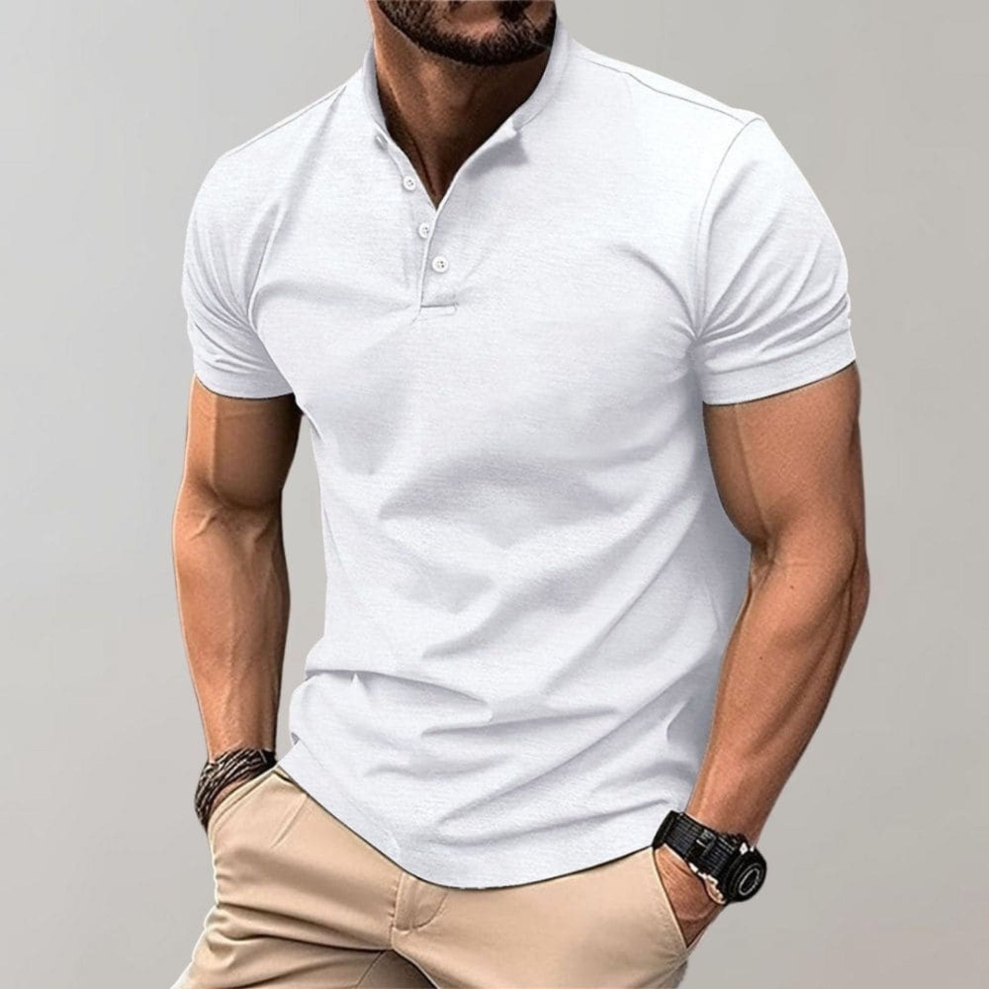Henley Shirt - Herren Kurzarm-Poloshirt mit Knopfverschluss-Weiß-S-Chaps Herrenmode