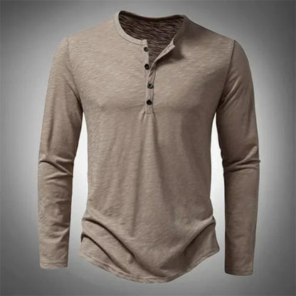 Henley-Shirt – Lässig – Halb geknöpft – Langarm-T-Shirt – Herrenbekleidung-Beige-S-Chaps Herrenmode