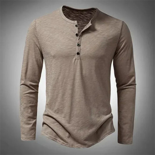 Henley-Shirt – Lässig – Halb geknöpft – Langarm-T-Shirt – Herrenbekleidung-Beige-S-Chaps Herrenmode