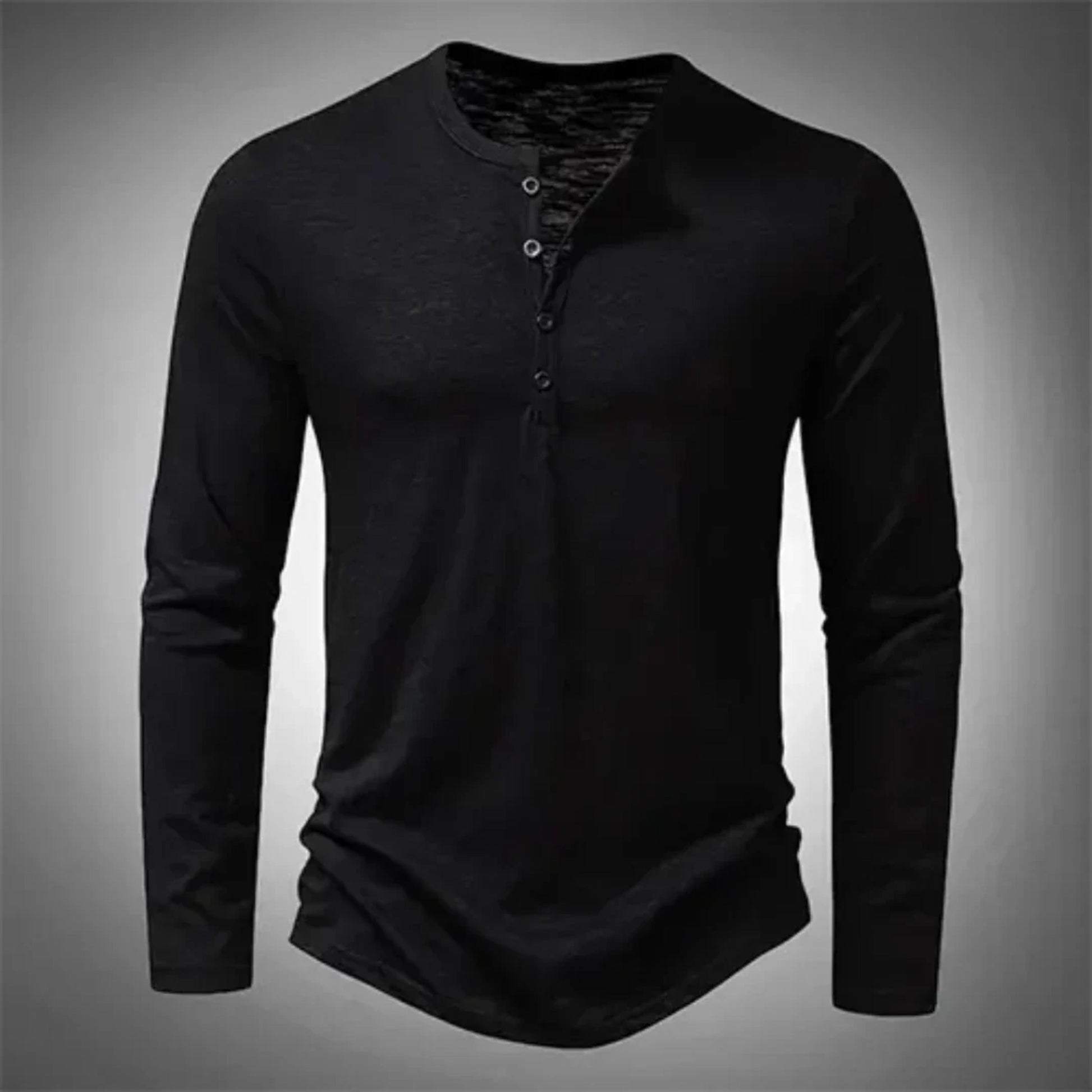 Henley-Shirt – Lässig – Halb geknöpft – Langarm-T-Shirt – Herrenbekleidung-Schwarz-S-Chaps Herrenmode