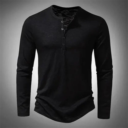 Henley-Shirt – Lässig – Halb geknöpft – Langarm-T-Shirt – Herrenbekleidung-Schwarz-S-Chaps Herrenmode