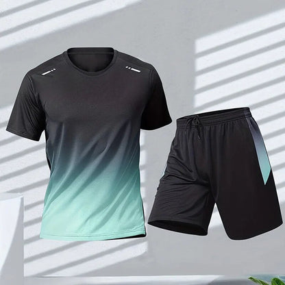 Herren Gymnastik Set - Zweiteilig - Schnell trocknend - Shorts und T-Shirt Set - Trainingskleidung für Männer-Blau/Grün-XS-Chaps Herrenmode