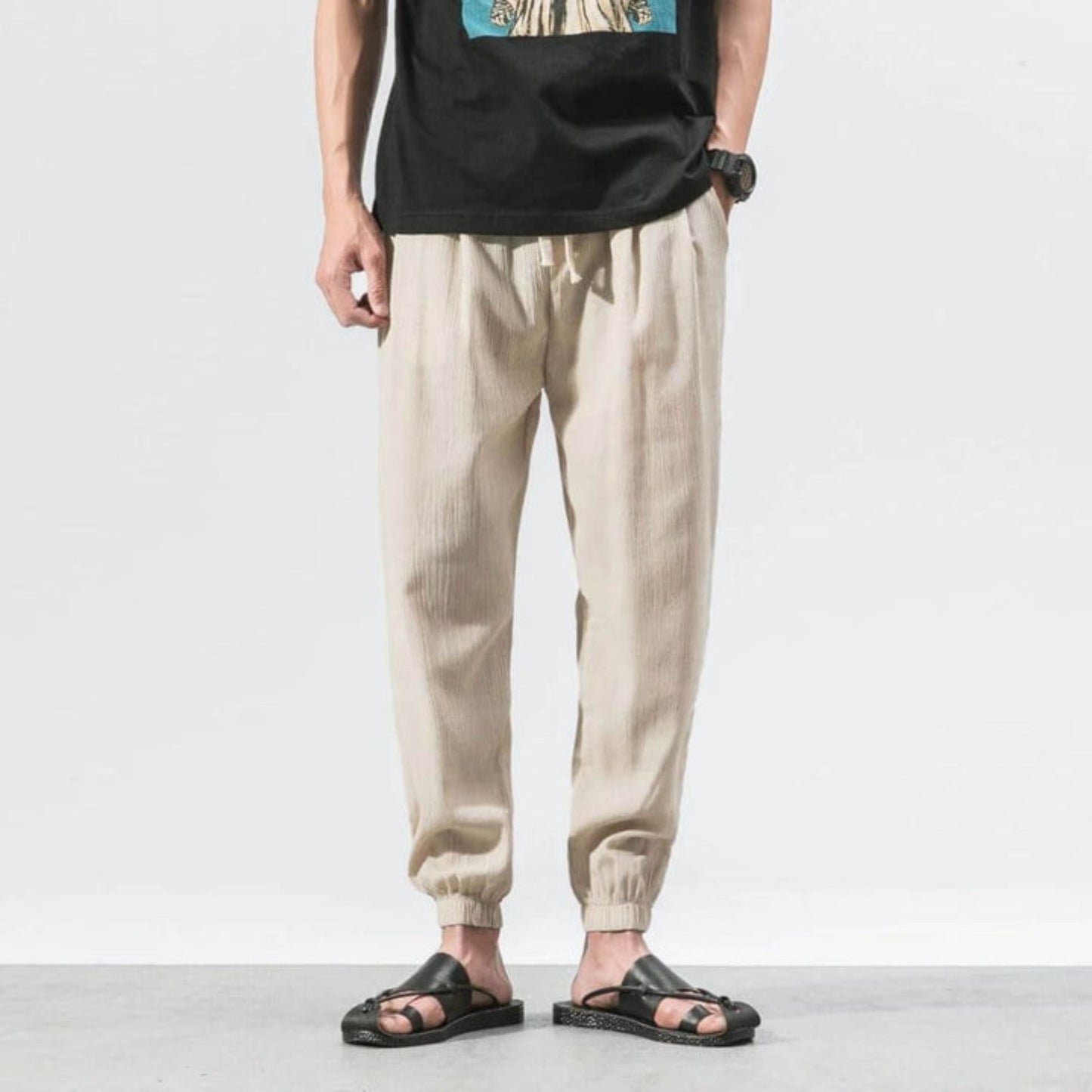 Herren Jogger - Freizeit - Leichtgewicht - Kordelzughosen - Herrenhosen-Beige-S-Chaps Herrenmode