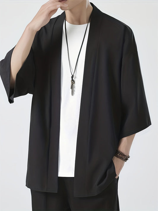 Herren-Kimono – locker sitzendes, übergroßes Overshirt mit kurzer Ärmel und offener Vorderseite-Schwarz-M-Chaps Herrenmode