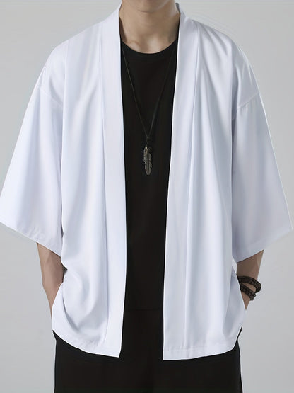 Herren-Kimono – locker sitzendes, übergroßes Overshirt mit kurzer Ärmel und offener Vorderseite-Weiß-M-Chaps Herrenmode