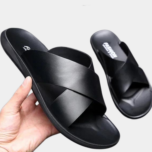 Herren-Pantoletten – Slipper – Leder – Sommerschuhe – Herrensandalen-Schwarz-39-Chaps Herrenmode