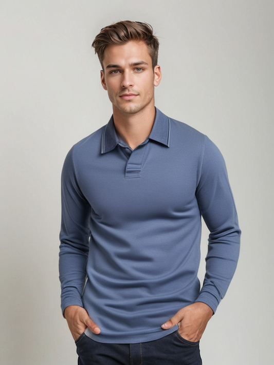 Herren-Poloshirt | Mit Kragen | Einfarbig | Langarmshirts | Langarm-T-Shirts-Blau-S-Chaps Herrenmode