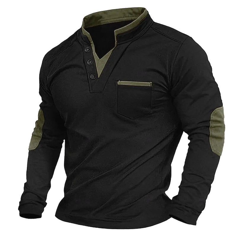 Herren-Pullover mit V-Ausschnitt – Ellbogenpatches – Knopfleiste am Kragen – Sweatshirt – Herrenbekleidung-Armeegrün-S-Chaps Herrenmode