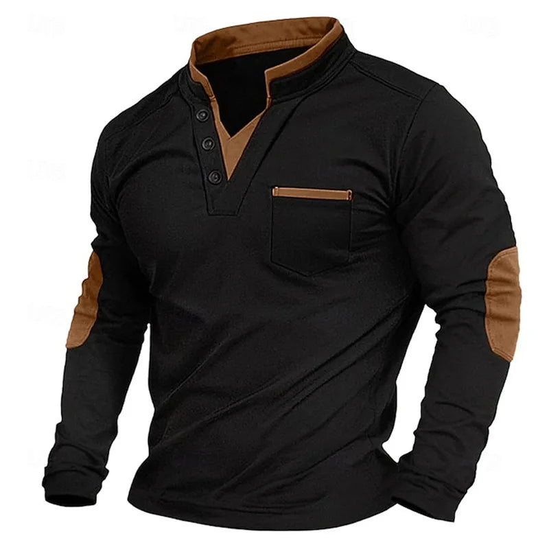 Herren-Pullover mit V-Ausschnitt – Ellbogenpatches – Knopfleiste am Kragen – Sweatshirt – Herrenbekleidung-Braun-S-Chaps Herrenmode