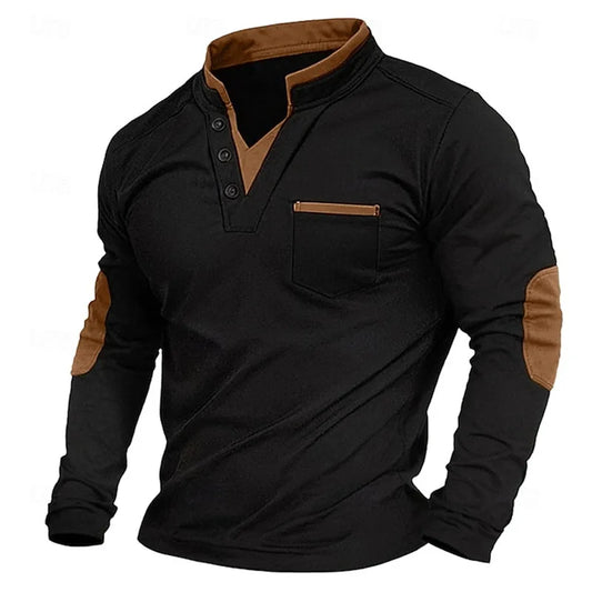 Herren-Pullover mit V-Ausschnitt – Ellbogenpatches – Knopfleiste am Kragen – Sweatshirt – Herrenbekleidung-Braun-S-Chaps Herrenmode